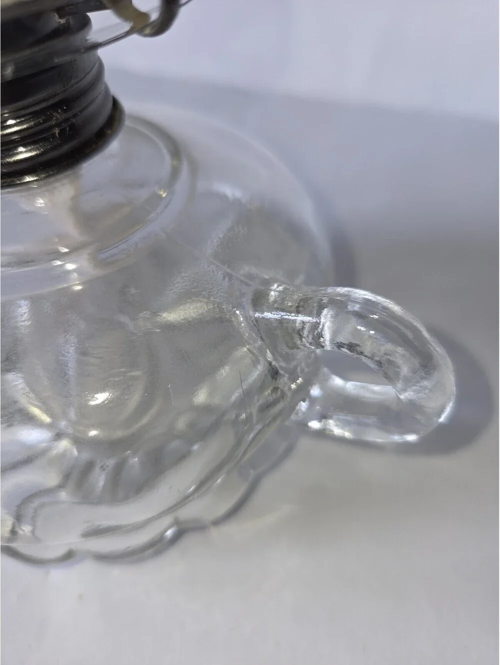 Vintage Lamplight Farms Clear Glass Oil Lamp W/Finger Loop & Scalloped Bottom